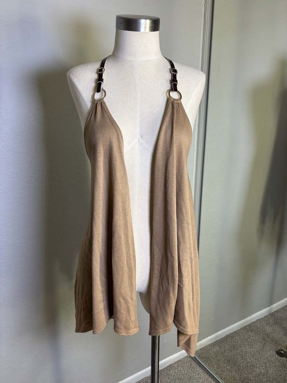 Charlotte Russe Textured Mini Halter vest Tan Brown Leather Ring Straps